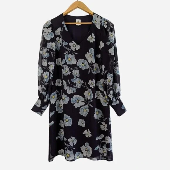 Cabi Ellery Floral Shift Dress Navy Blue Chiffon Floral Print Size Small - Picture 2 of 8